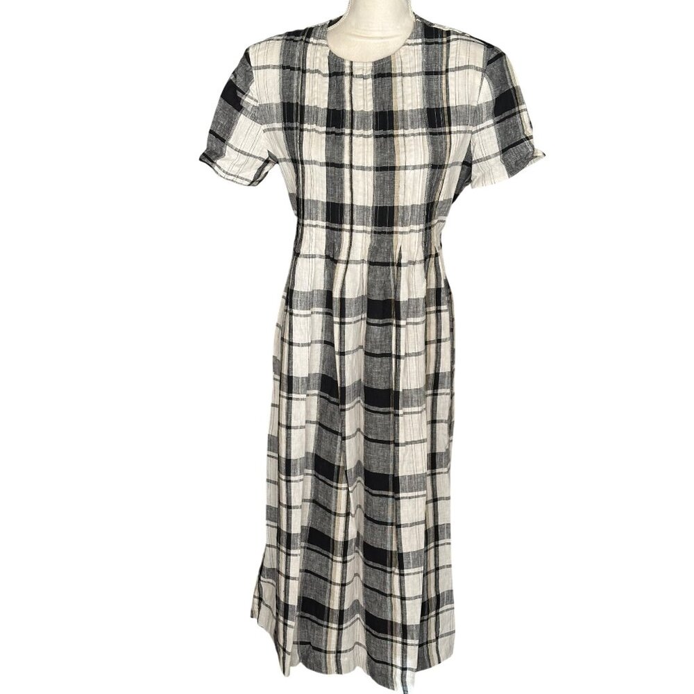 Vintage Black & White Plaid Dress Short Sleeve Midi Cotton Blend Back Tie Sz 14